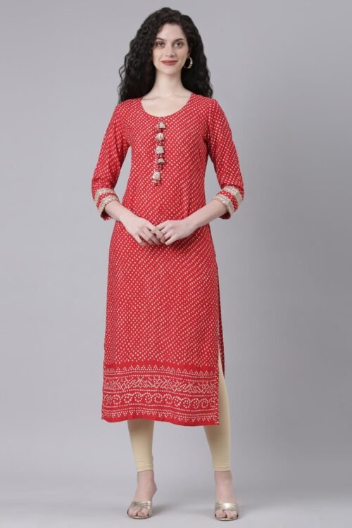 Quantumtera Red Casual Bandhani Straight Kurta