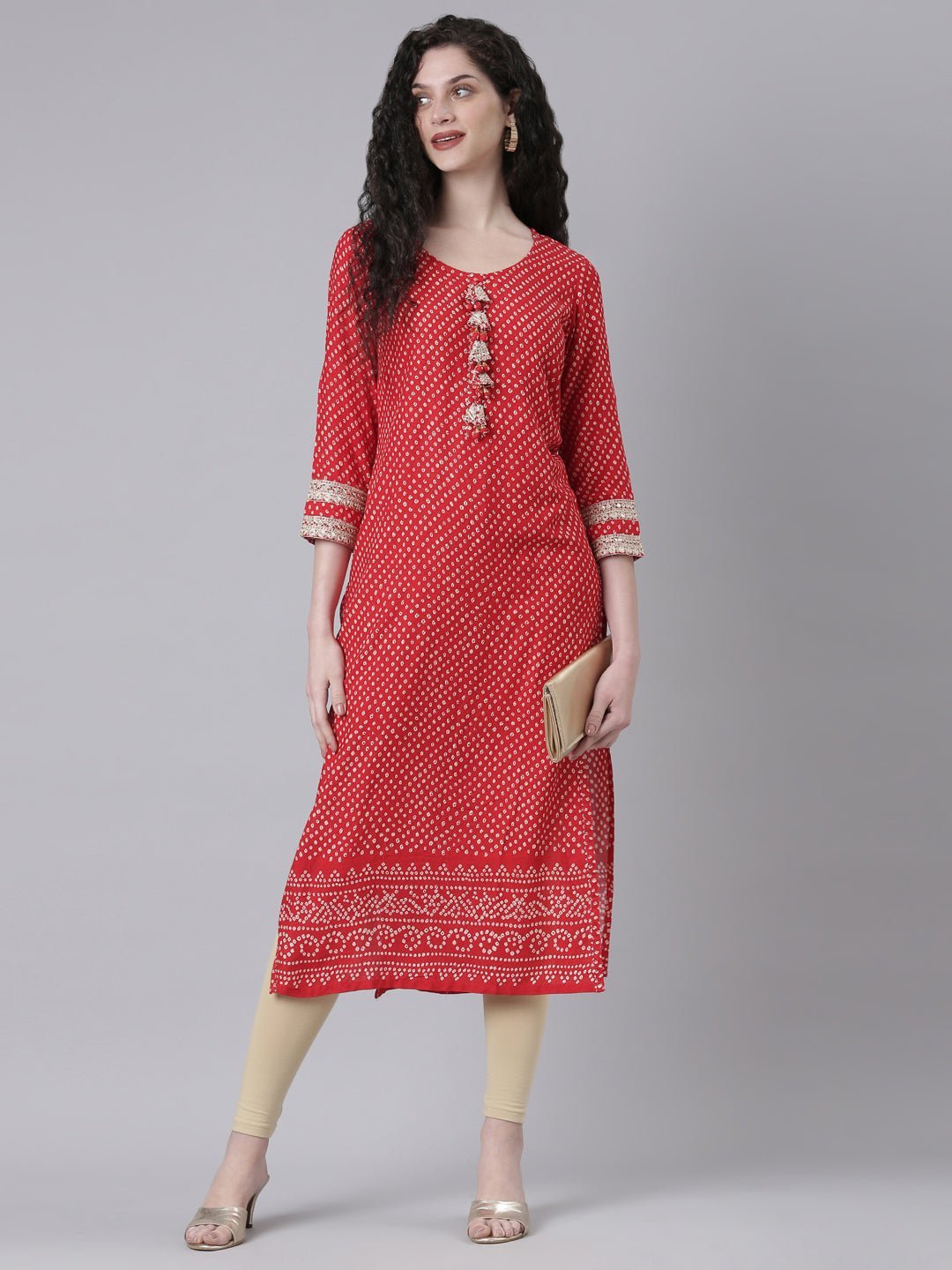Quantumtera Red Casual Bandhani Straight Kurta - Image 5