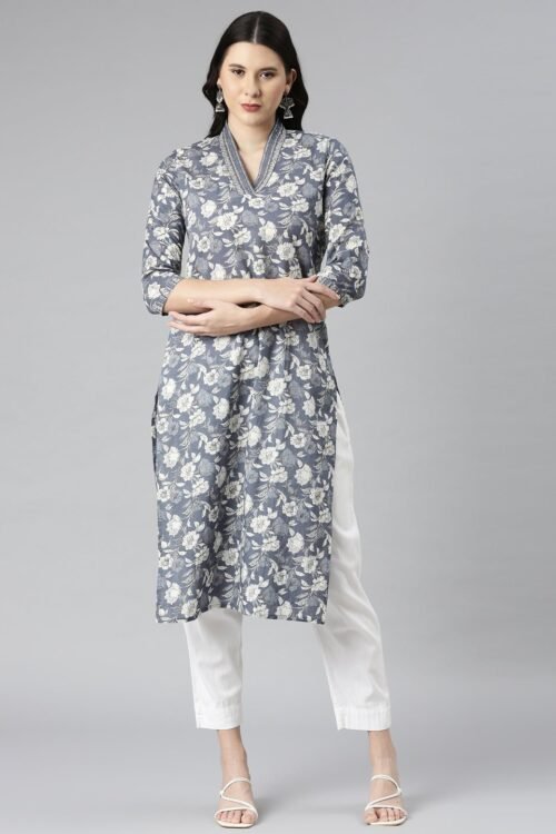 Quantumtera Grey Casual Floral Straight Kurta