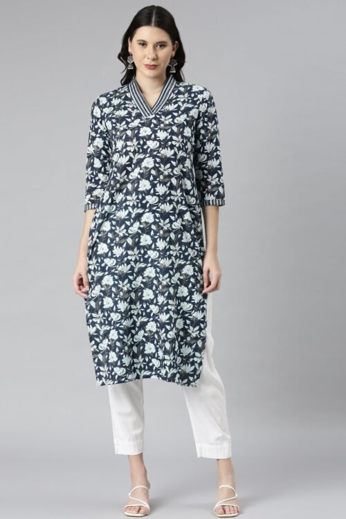 Quantumtera Navy Blue Casual Floral Straight Kurta