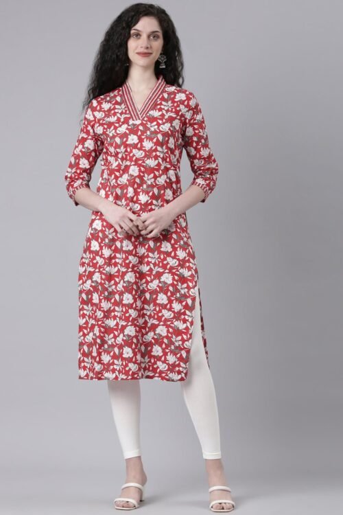 Quantumtera Red Casual Floral Straight Kurta