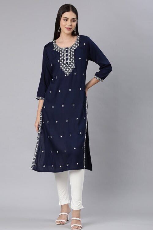 Quantumtera Navy Blue Straight Casual Solid Straight Kurta