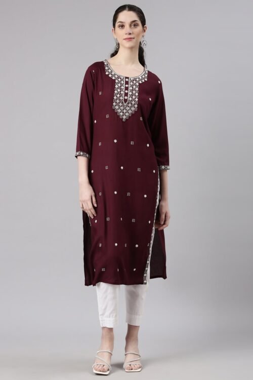 Quantumtera Red Straight Casual Embellished Kurta