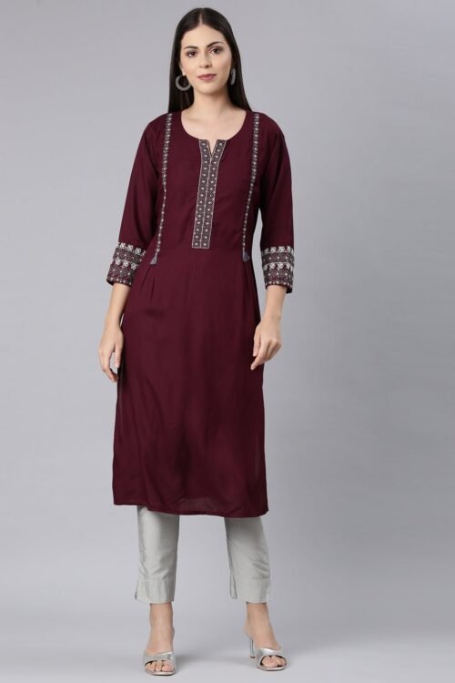 Quantumtera Maroon Straight Casual Solid Straight Kurta