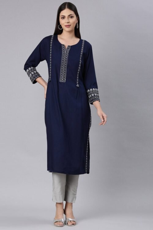 Quantumtera Navy Blue Straight Casual Solid Straight Kurta
