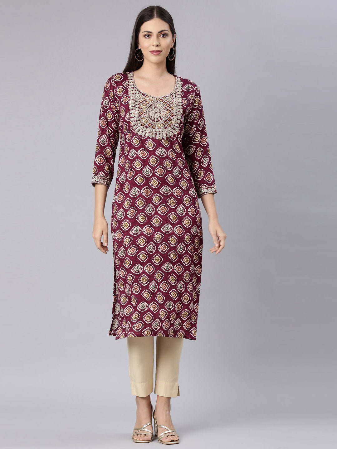 Quantumtera Purple Straight Casual Embellished Straight Kurta