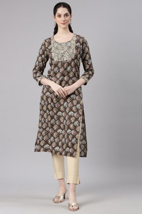 Quantumtera Grey Straight Casual Embellished Kurta