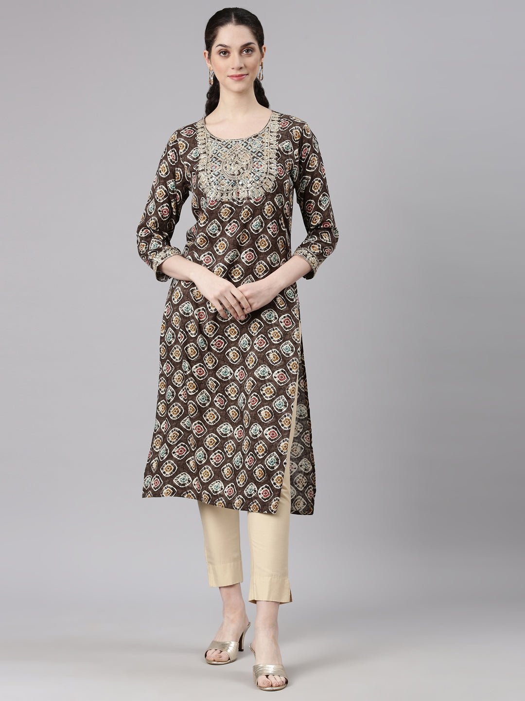 Quantumtera Grey Straight Casual Embellished Kurta